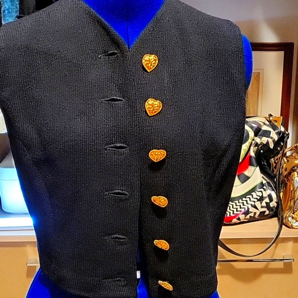 Valentine's Vest by St.John black with gold heart botton, Vintage S